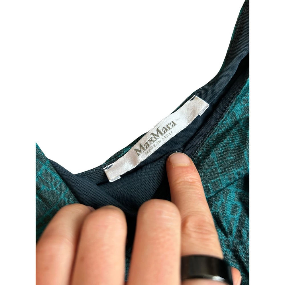 Max Mara Teal Jersey Draped Gathered Faux Wrap Dress Black Geo Print Italy 42 - Picture 4 of 7